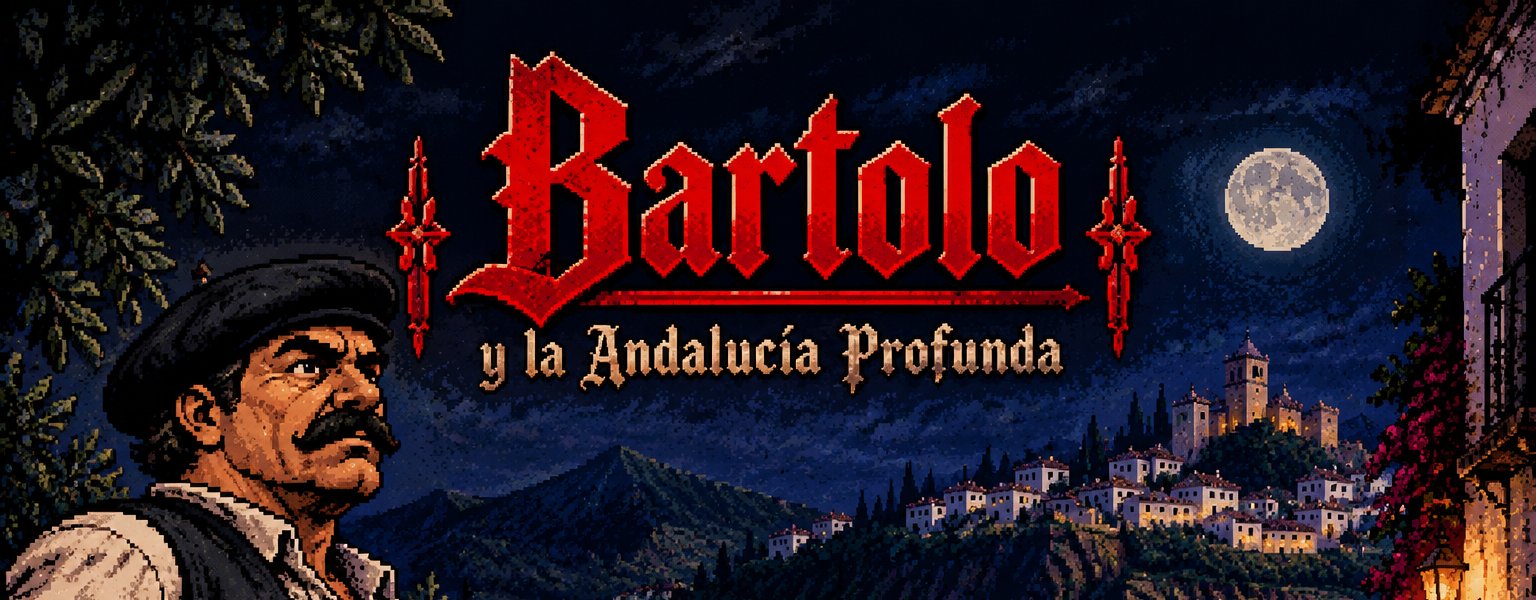 Ilustración de Bartolo, con boina y garrota, junto a su burro Canelo ante un pueblo blanco andaluz bajo la luna